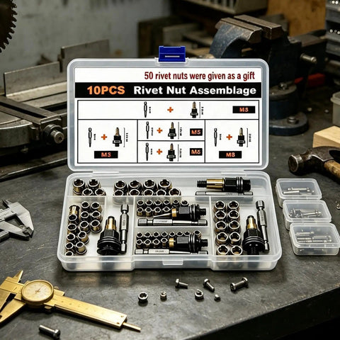 Pro Grade 60 Piece Rivet Nut Set Kit For Metalworking And Auto Repair, Carbon Steel Threaded Inserts M3 To M8, All In One Tool Kit In Durable Case, Fastens Thin Sheet Metal And Furniture Repairs With Ease, open case with assorted M3-M8 inserts