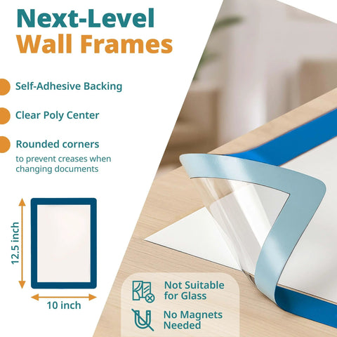 8.5 By 11 Inch Peel And Stick Adhesive Wall Frames Pack Of 5 In Blue, shown with self-adhesive backing and clear poly center