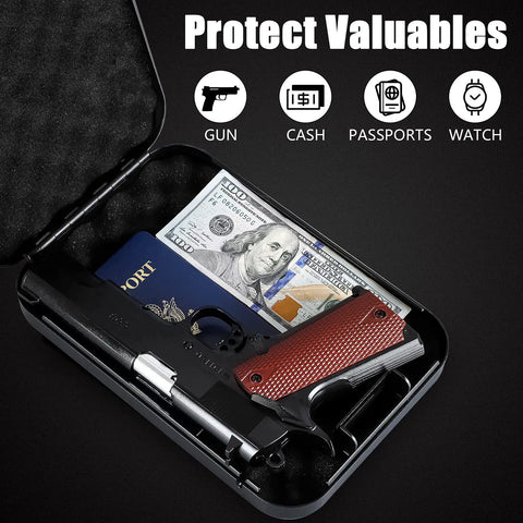 Portable Pistol Safe With Combination Lock For Nightstand Travel Home Car Truck, Compact Gun Lock Box For Pistols, Lightweight Yet Sturdy, open with gun and valuables