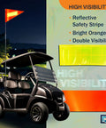 Image of a golf cart with an Orange Golf Cart Safety Flag Kit With 8x12 Inch Flag Reflective Strip And 5 Ft 4 In Telescoping Pole