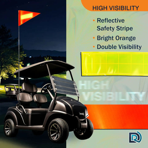 Image of a golf cart with an Orange Golf Cart Safety Flag Kit With 8x12 Inch Flag Reflective Strip And 5 Ft 4 In Telescoping Pole