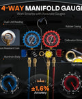 4-way manifold gauge with dual-unit readings, aluminum body, shock-resistant core for Shop Grind 1.5HP Dual Stage AC Vacuum Pump.