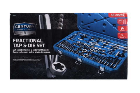 Product packaging for Fractional Tap And Die Set In Carbon Steel 58 Piece Tool Kit For Hand Threading In Metalworking Auto Shop Maintenance And Construction With Heat Treated Precision Cut Threads For Consistent Results