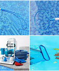 Rock Solid Aluminum Pool Safety Hook With 3.3 Foot Telescopic Pole For Emergency Drowning Rescue and Wall Cleaning Gotta Have This Heavy Duty Lifesaver retrieving leaves from pool water.