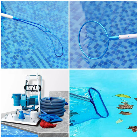 Rock Solid Aluminum Pool Safety Hook With 3.3 Foot Telescopic Pole For Emergency Drowning Rescue and Wall Cleaning Gotta Have This Heavy Duty Lifesaver retrieving leaves from pool water.