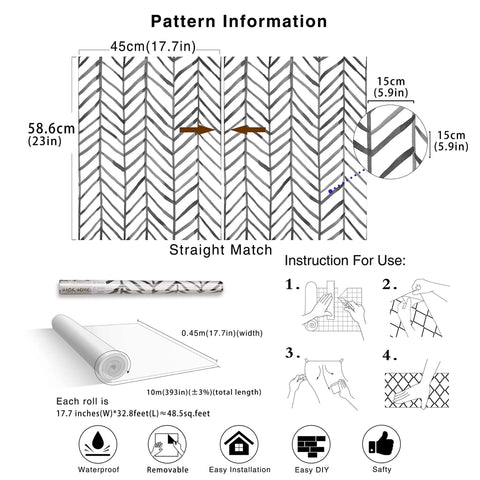 Peel And Stick Black And White Herringbone Wallpaper With Self Adhesive Vinyl Decor Easy Install No Mess Durable And Removable For Accent Walls And Cabinets pattern information.