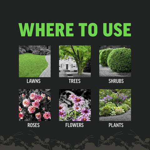 Image showing where to use Fast Acting Insect Killer For Lawns And Landscapes Ready To Spray 32 Oz on lawns, trees, shrubs, roses, flowers, and plants.