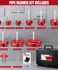 DIY Ready Durable Aluminum PVC Pipe Reamer Kit With Fitting Saver For Sch 40 CPVC ABS Plumbing Lightweight Socket Saver Tool Set Includes Drill And Size Range From One Half To Four Inch displayed with components and case