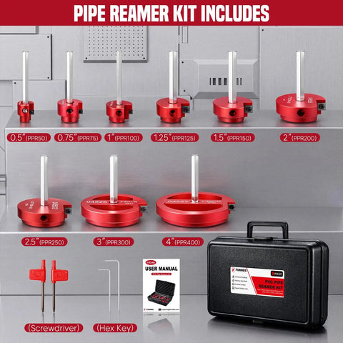DIY Ready Durable Aluminum PVC Pipe Reamer Kit With Fitting Saver For Sch 40 CPVC ABS Plumbing Lightweight Socket Saver Tool Set Includes Drill And Size Range From One Half To Four Inch displayed with components and case