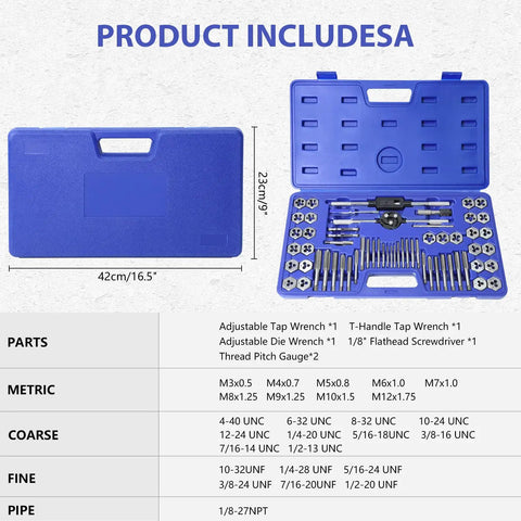 Pro Grade Tap And Die Set With 60 Pieces For SAE No. 4 To One Half Inch And Metric M3 To M12 Rethreading Tools And Thread Chasers