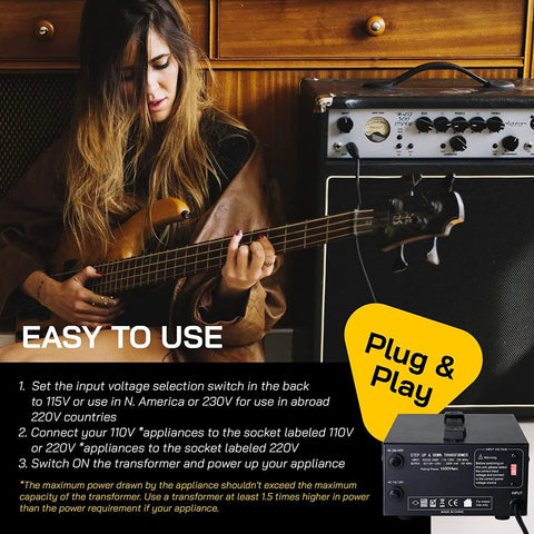 Rugged 1000W Voltage Converter Transformer with dual circuit breakers next to a woman playing guitar, highlighting plug & play setup.
