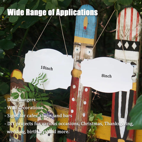 Six Pack 8 Inch Sublimation Door Hanger Blanks Aluminum Double Sided Printable Door Signs hanging on wooden figures outdoors