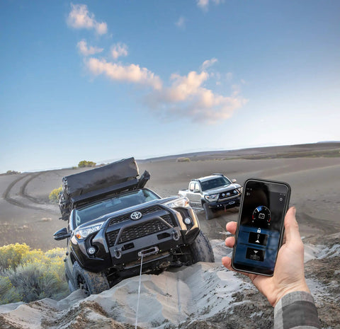 Off-roader using Wireless Hub Receiver and Mobile App for Smittybilt Gen2 XRC and X2O Winches, Bluetooth Control with iOS and Android.