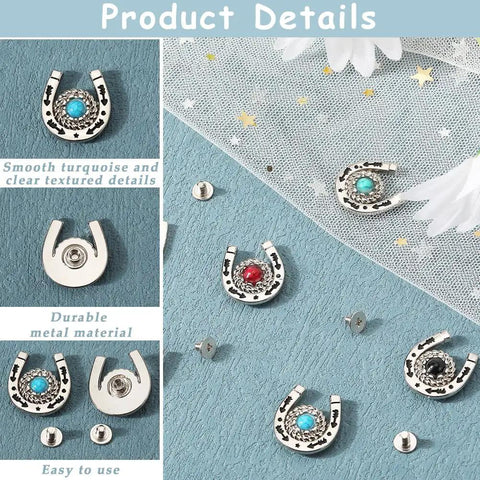 Knockout Western Horseshoe Screw Back Conchos 19mm Turquoise Gemstone Alloy Rivets displayed on blue background.