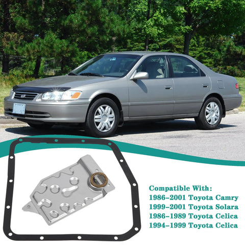 Automatic Transmission Filter Kit For Toyota Camry 1986 To 2001 with car in background, includes metal filter and gasket