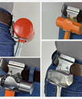 Collage of Built To Last Stainless Steel Hammer Holster For Tool Belts, 2.6 Inch Hammer Loop holding various hammers