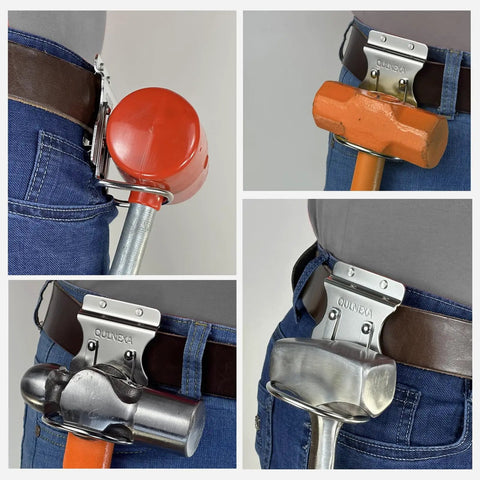 Collage of Built To Last Stainless Steel Hammer Holster For Tool Belts, 2.6 Inch Hammer Loop holding various hammers