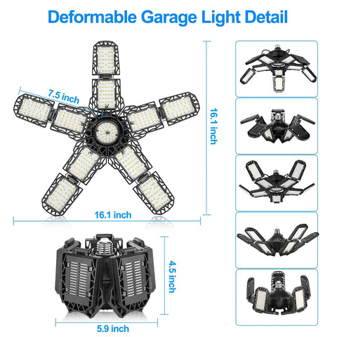 Deformable LED Garage Ceiling Light 180W 18000LM With 10 Adjustable Panels 6500K Daylight dimensions and design detail