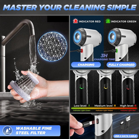 Handheld Cordless Car Vacuum 17,000 Pa Suction with washable steel filter and charging indicators