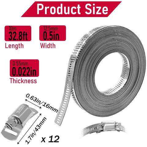 Hose Clamps Assortment Kit For DIY Projects 304 Stainless Steel 32.8 Ft Metal Straps With 12 Extra Strong Fasteners product size details