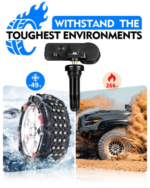 Direct Replacement 315Mhz Tire Pressure Monitoring System Sensor For Gm Trucks Suvs And Cars No Sweat Installation shown with rugged tire in extreme temperatures.