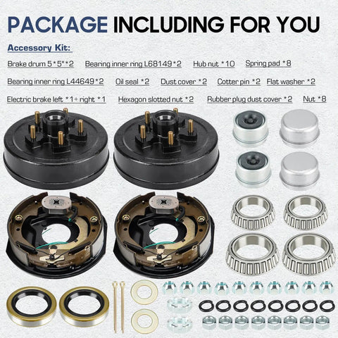 Electric Brake Kit For Trailer Axles Pair With 5 On 5 Bolt Circle Drums, 10 Inch By Two And One Quarter Inch Manual Adjusting Brakes