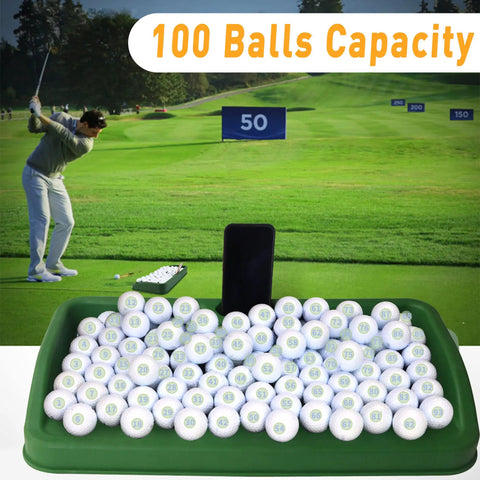 Heavy Duty Golf Ball Tray With Cell Phone Holder For Recording Your Swing, 100 Ball Capacity, green with golf balls