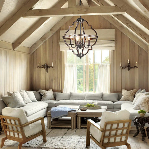 4 Light Farmhouse Candle Chandelier With Cozy Rustic Industrial Oil Rubbed Gold Orb Open Cage Ceiling Hanging Lamp For Bedroom Dining Room Entry Hallway Living Room And Kitchen Retro Flush Mount Pendant Lighting For That Cozy Vibe