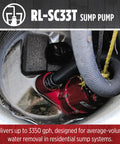 Heavy Duty Submersible Sump Pump With Automatic Tethered Float Switch, One Third HP, 3350 GPH, in water, cast iron