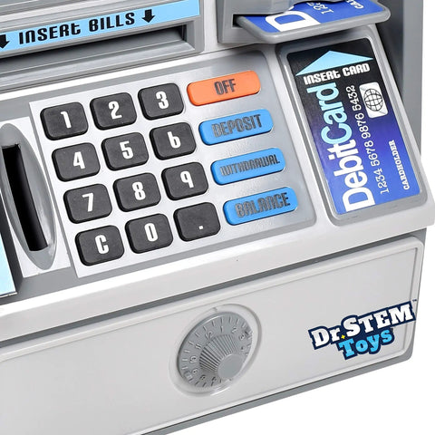 Talking ATM Piggy Bank For Kids With Digital Screen And Real Money Calculator, keypad, bank card slot, silver.