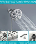 High Pressure Shower Head Combo With 8 Setting Handheld And 6 Setting Rain Head Dual 2 In 1 Wall Mounted Shower System Easy Pressure Control Deluxe Valve Body And Trim Customizable Spa Vibe Shower Experience At Home, showing 7-inch fixed rain shower head with water flow.