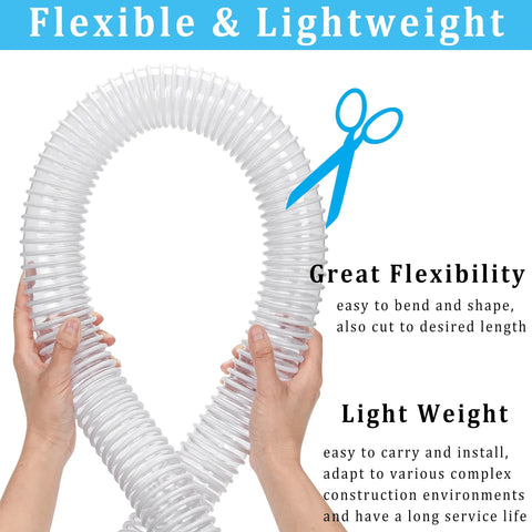 Flexible and lightweight 1.5 inch by 20 feet clear hose being held, showcasing its adaptability and zero kink design.