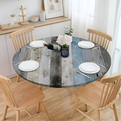 Wood Grain Round Tablecloth With Elastic Edge Spill Proof Waterproof And Oil Proof Fitted Cover For Indoor Outdoor Patio Tables 48 Inch Diameter