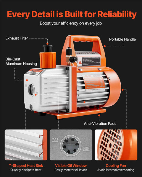 Rock Solid 3.5 CFM Vacuum Pump Single Stage Rotary Vane Hvac Tool With Oil Catch Bottle detail shot showing die-cast aluminum housing and portable handle.
