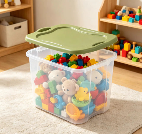 Hella Huge 95 Quart Clear Plastic Storage Bin With Super Grippy Handles For Organizing Bulky Seasonal Gear And Household Essentials, filled with colorful toys.