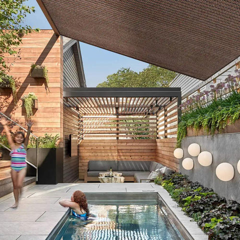 Backyard with pool under Square 7 By 7 Brown Sun Shade Sail Canopy UV Block For Backyard Porch Pergola Lawn Garden Carport.
