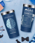 Two blue 20oz Vacuum Insulated Tumblers For Engineers with brain design and nutritional facts print, graduation gift or retirement present.