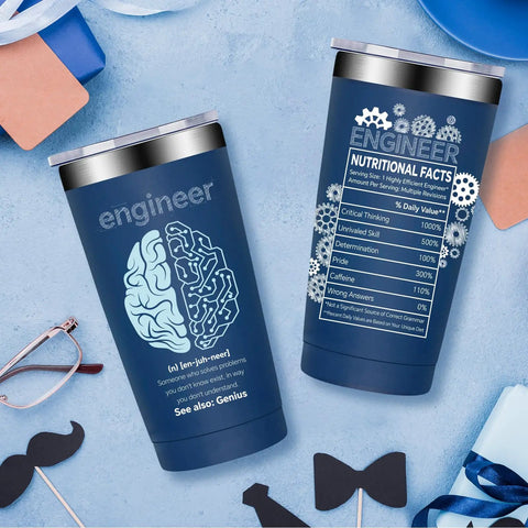 Two blue 20oz Vacuum Insulated Tumblers For Engineers with brain design and nutritional facts print, graduation gift or retirement present.