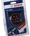 Bosch Style Line 2-inch mechanical oil pressure gauge, black dial face and black bezel, in packaging.