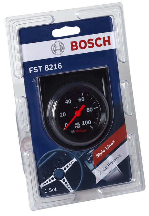 Bosch Style Line 2-inch mechanical oil pressure gauge, black dial face and black bezel, in packaging.