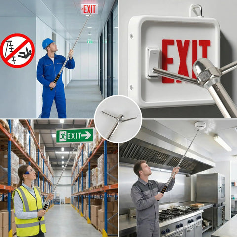 Skip The Ladder Hustle With This Extendable Smoke Detector Tester Pole Reaching High Alarms Like A Champ, used in various settings.