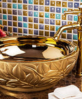 Super Slick Round Vessel Sink For Bathroom Vanity Killer Gold Ceramic Countertop Wash Basin with leaf design and faucet.