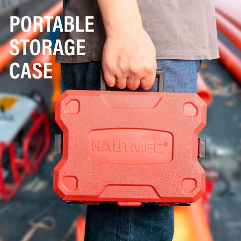 Person holding red storage case from Go-To Heavy Duty Bi-Metal Hole Saw Kit 21-Piece With 14 HSS Blades, 2 Arbors, 4 Pilot Bits