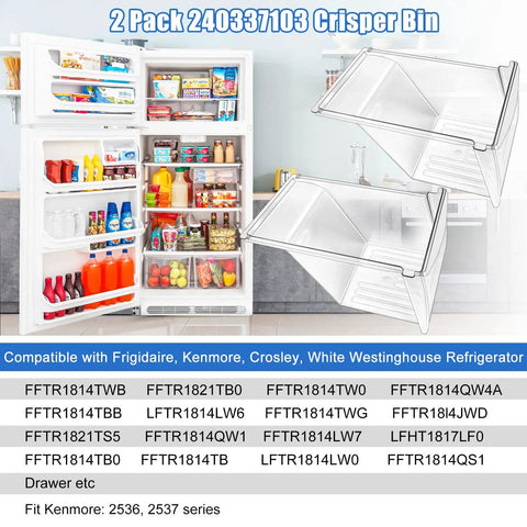 Two Pack Upgraded 240337103 Crisper Drawer Replacement For Refrigerator Freshness No Fuss Easy Fit Heavy Duty ABS Food Grade Fits Kenmore Drawers AP2115741 240337102 Durable Construction, shown with open refrigerator.