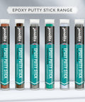 Range of epoxy putty sticks including Copper Pipe And Tank Repair Epoxy for leaks and hot water lines, shown in packaging.