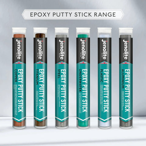Range of epoxy putty sticks including Copper Pipe And Tank Repair Epoxy for leaks and hot water lines, shown in packaging.