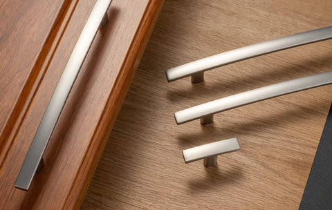 20 Pack 3 Inch Brushed Nickel Kitchen Cabinet Pulls Satin Silver Handles on wood background, smooth rounded corners