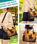 Person carrying Desert Cowboy Brown Insulated Lunch Bag Cooler Tote for Outdoor Picnic and Camping with shoulder strap