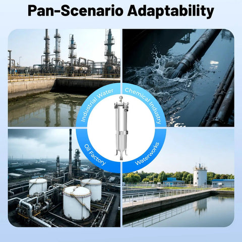 Beefy 304 Stainless Steel Bag Filter Housing in industrial scenarios illustrating water filtration and purification uses.