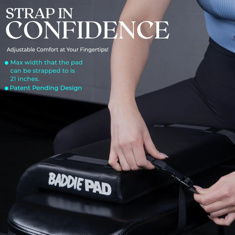 Person adjusting strap on Hip Thrust Pad For Back, Shoulder And Neck Support, Cushioned Barbell Pad For Weight Lifting.